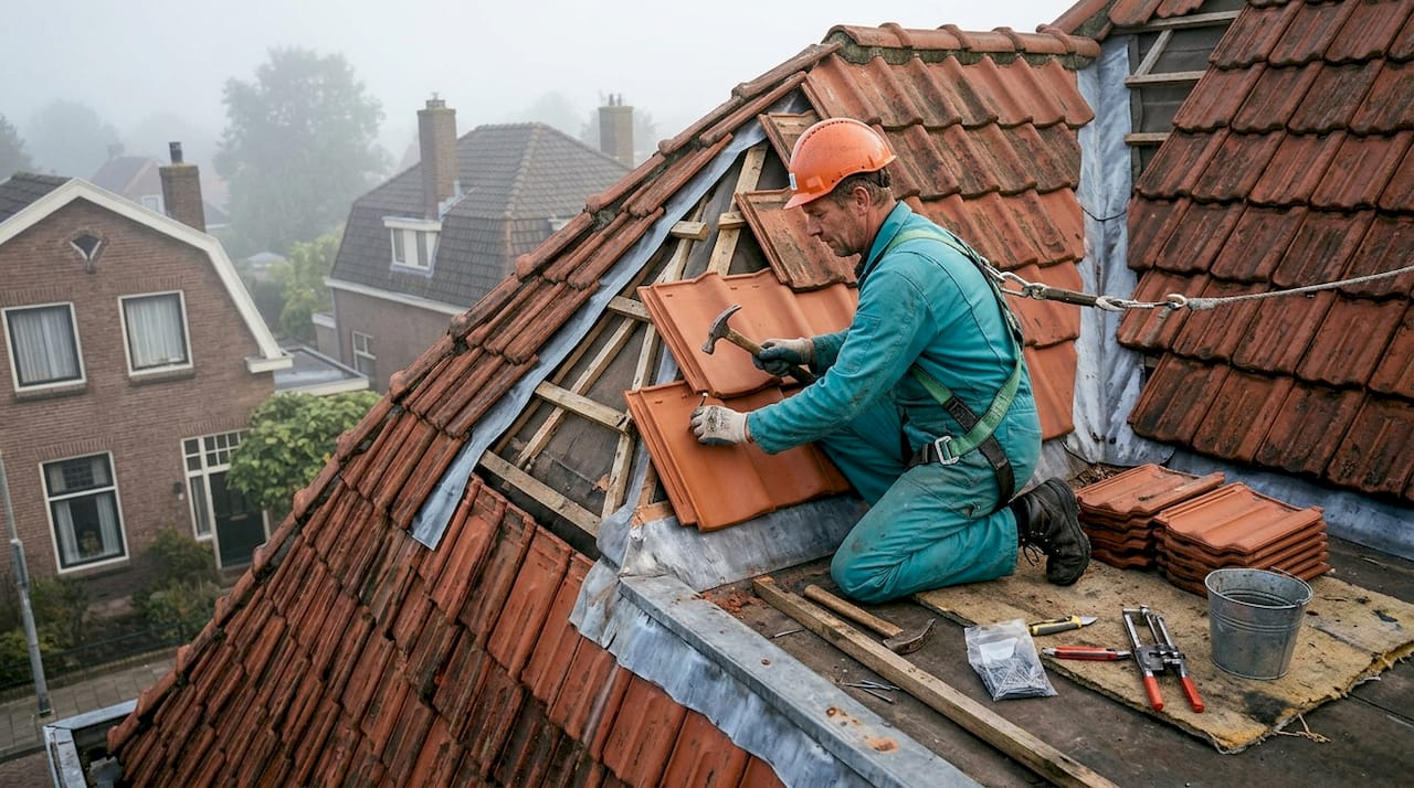Een dakdekker is bezig met het herstellen van het knikpunt van het mansardedak.