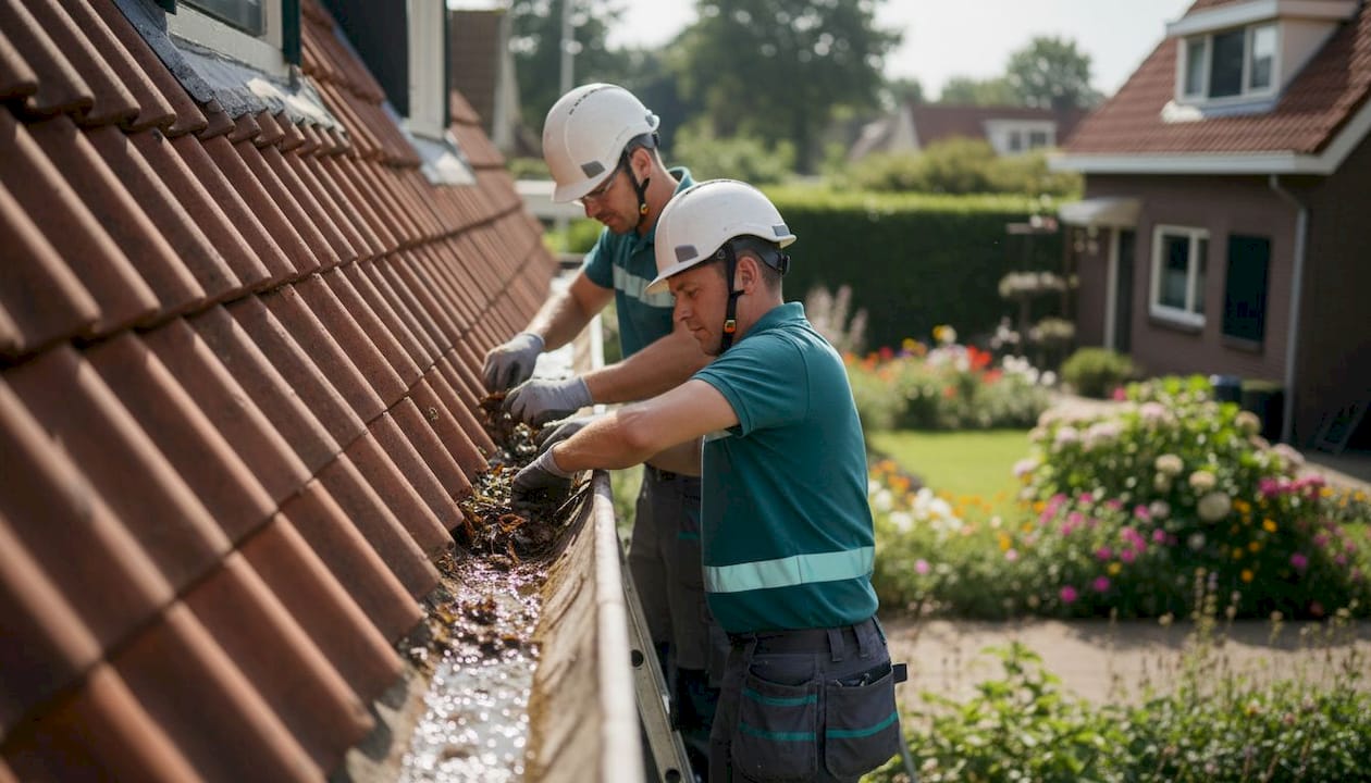 Dakdekkers zijn bezig met het schoonmaken en herstellen van de dakgoot bij een tussenwoning.