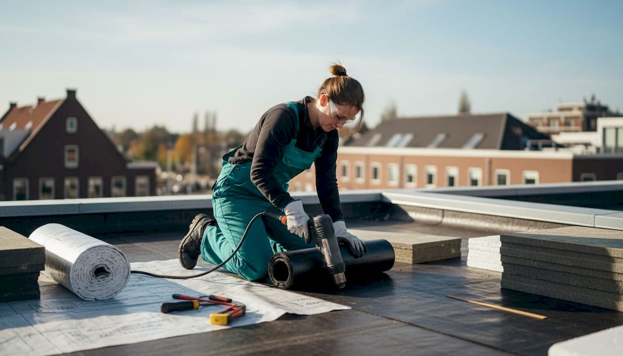 Een vrouwelijke dakdekker is bezig met het aanbrengen van isolatie op een plat dak.