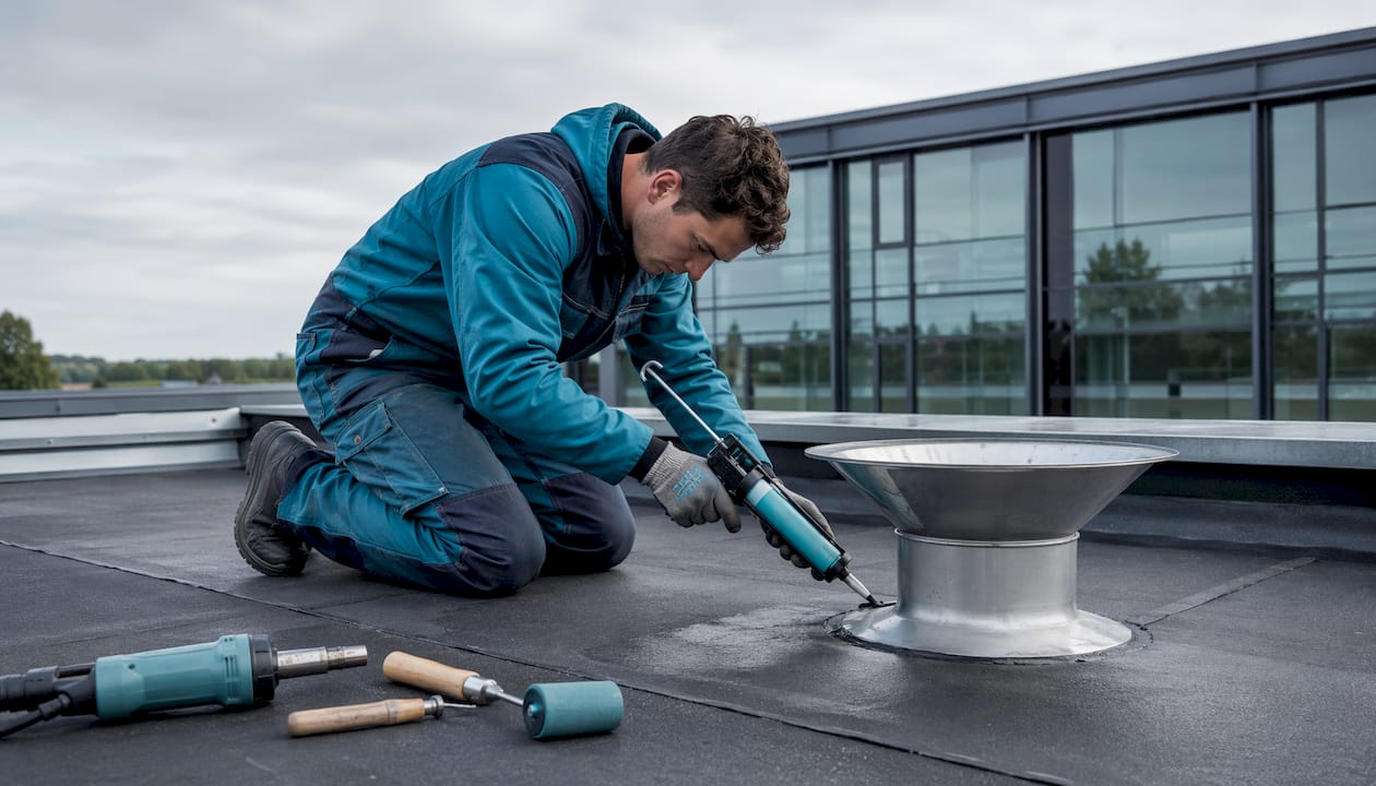 Detailopname van een waterdichte verbinding tussen dakbedekking en trechter