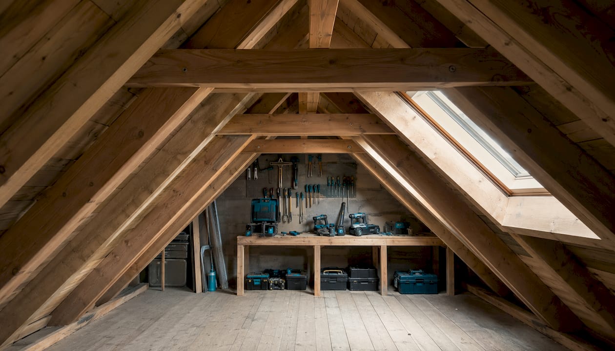 Binnen is het schilddak opgebouwd uit een houten draagconstructie.