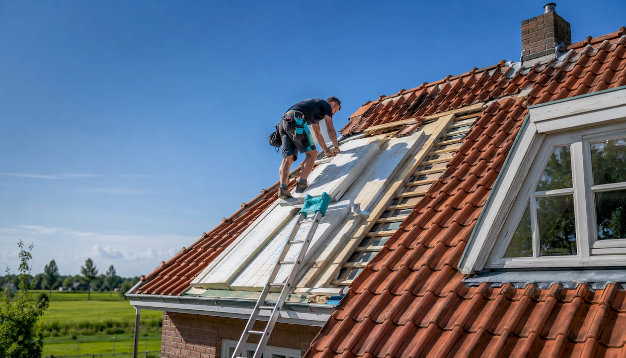 Een huis met een schilddak, waar een dakdekker buiten aan het werk is.