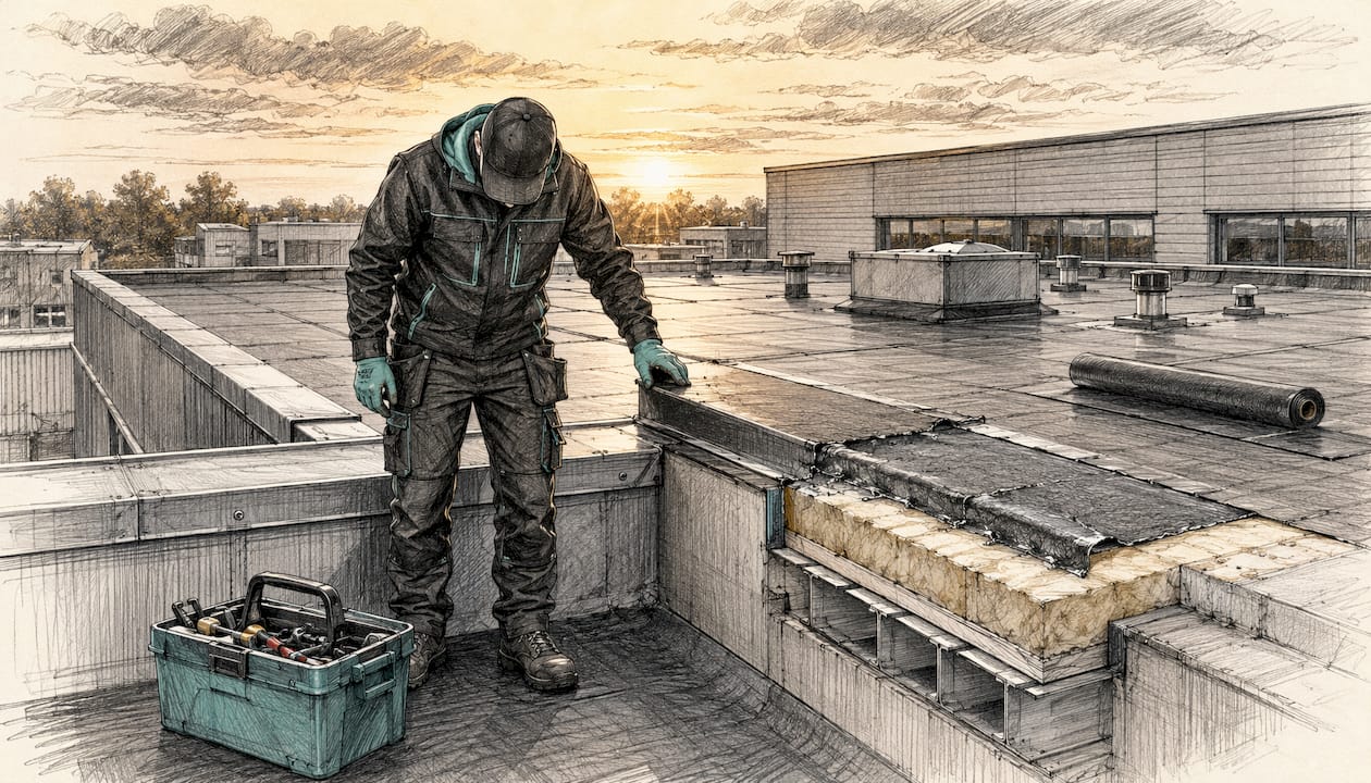 Een ervaren dakdekker controleert het platte dak grondig op technische gebreken.