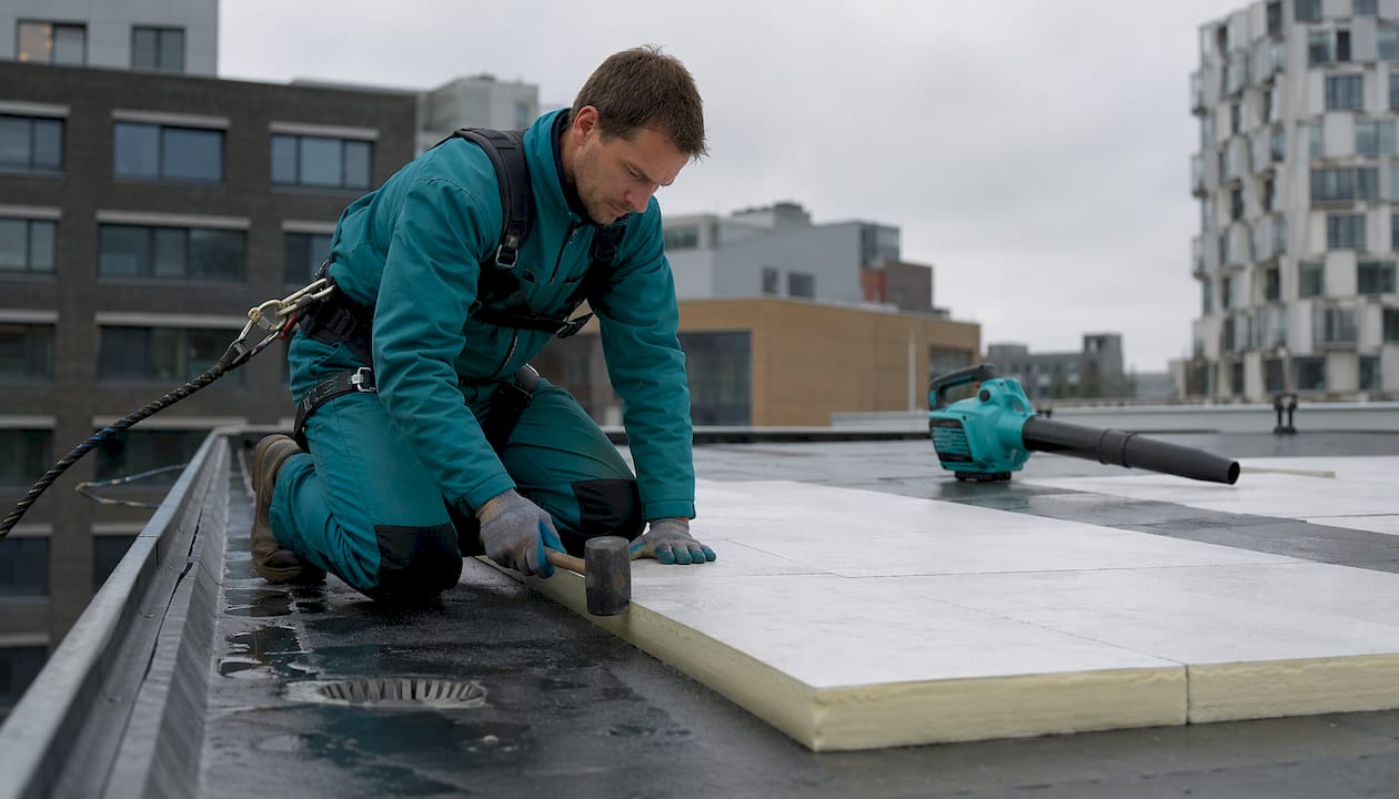Een ervaren dakdekker brengt isolatiemateriaal aan op het platte dak van een bedrijfspand.