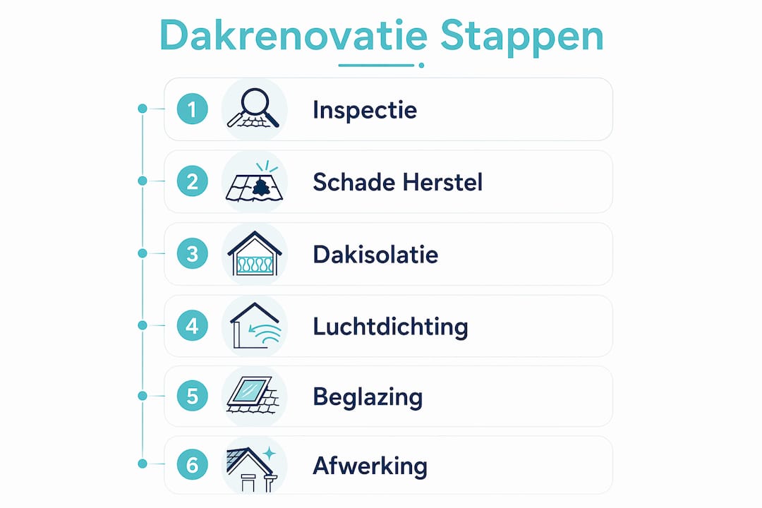 Overzichtelijke infographic: stappenplan voor dakrenovatie en het verbeteren van je energielabel