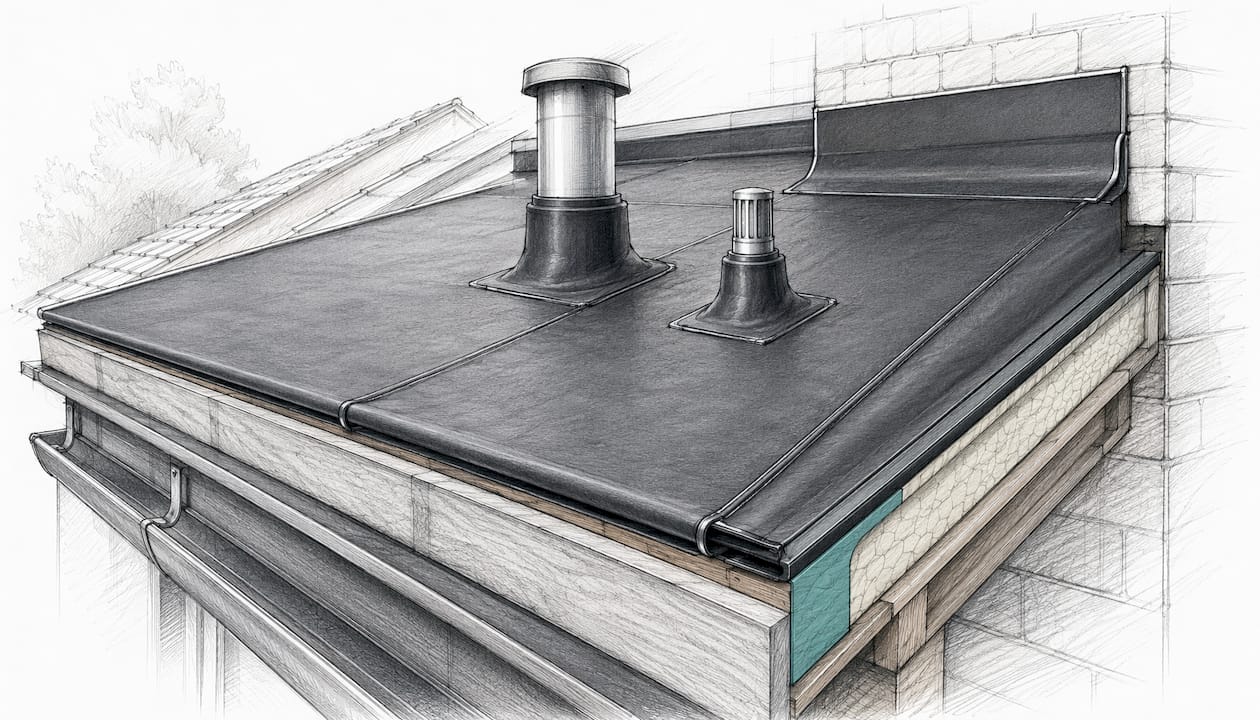 Illustratie van een EPDM dak met zichtbare naden