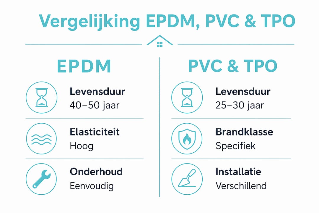 Overzichtelijke infographic: de belangrijkste eigenschappen van EPDM, PVC en TPO dakbedekking vergeleken
