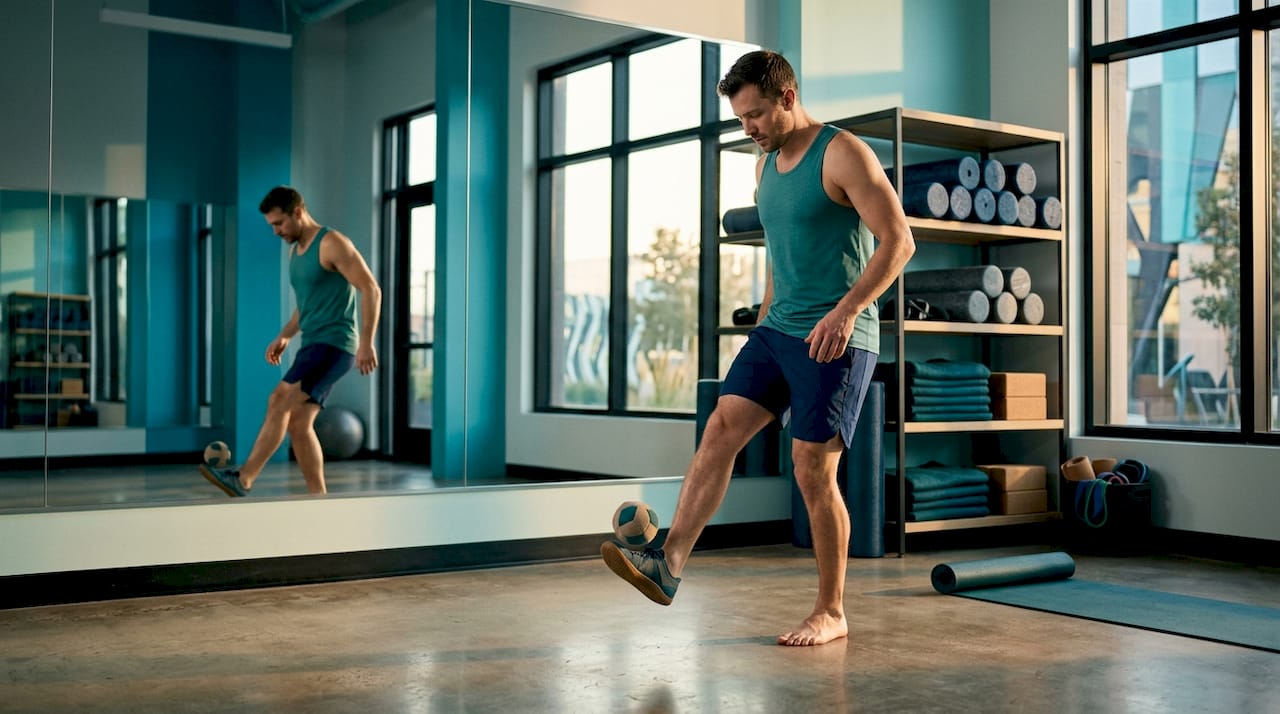 Man practicing freestyle with synthetic footbag indoors