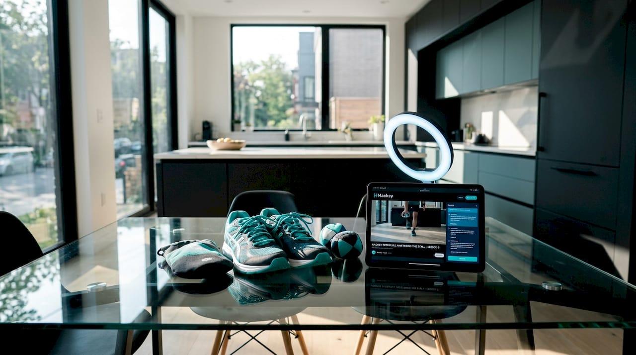 Close-up of footbag gear and filming setup