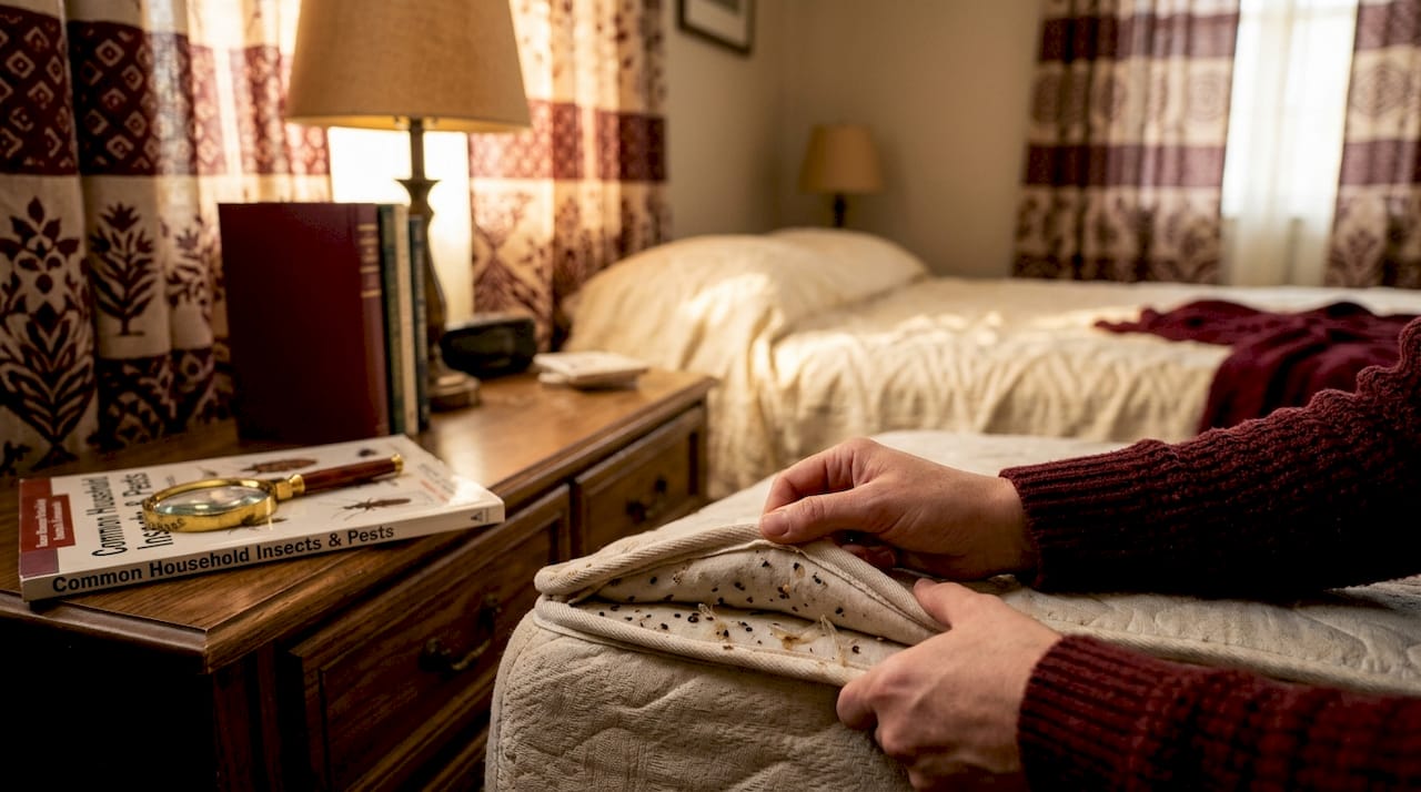 Hands inspecting mattress for bed bugs