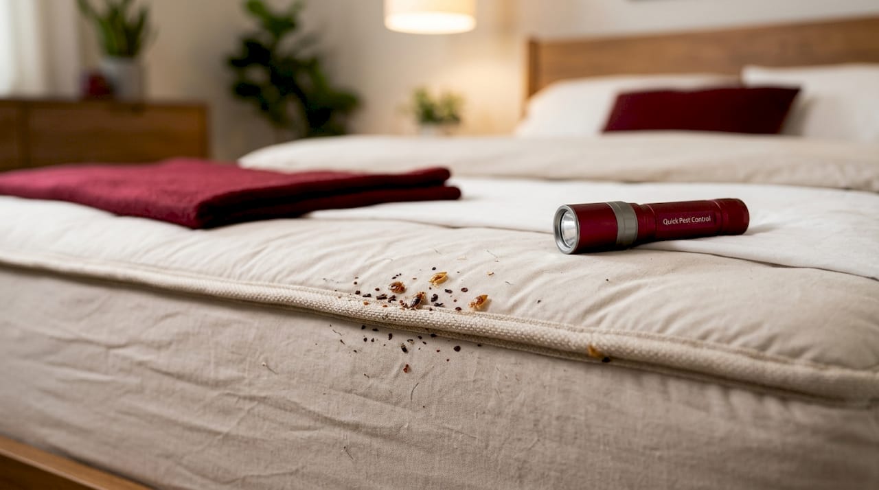 Close-up of bed bug signs on mattress fabric