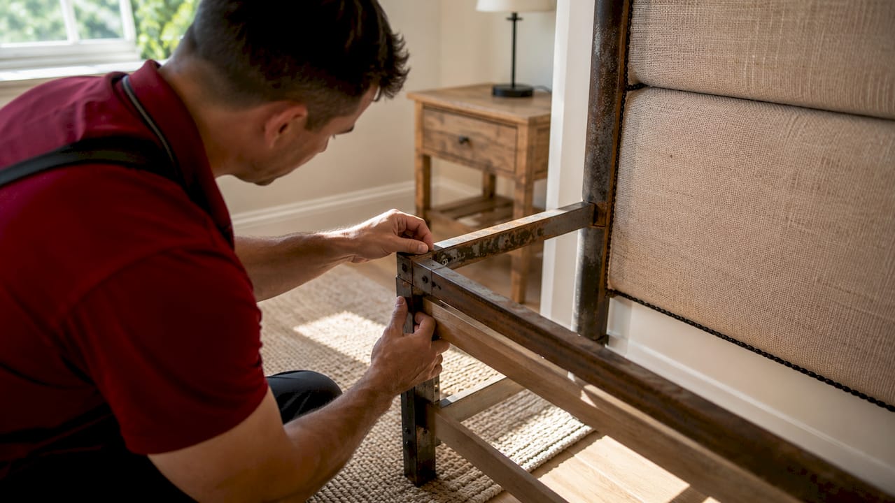 Hands brushing bed frame joints for bedbugs