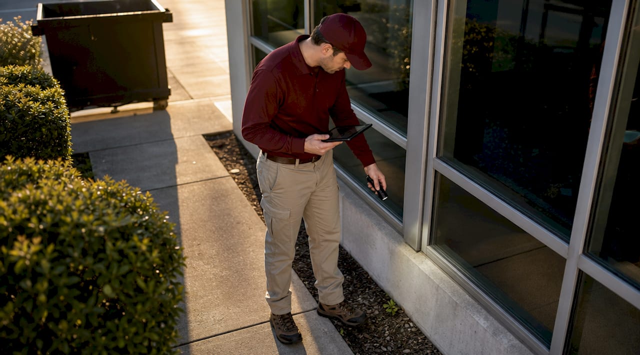 Technician inspecting house for pests
