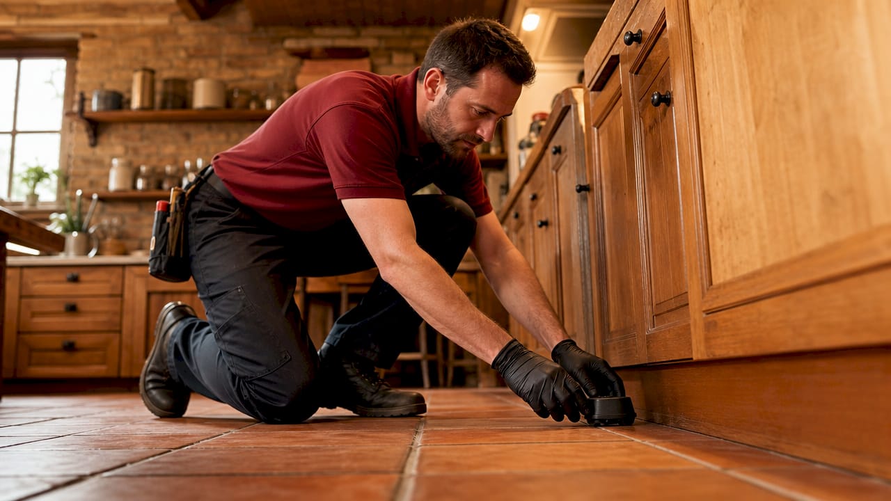 Hands setting pest control bait stations in kitchen