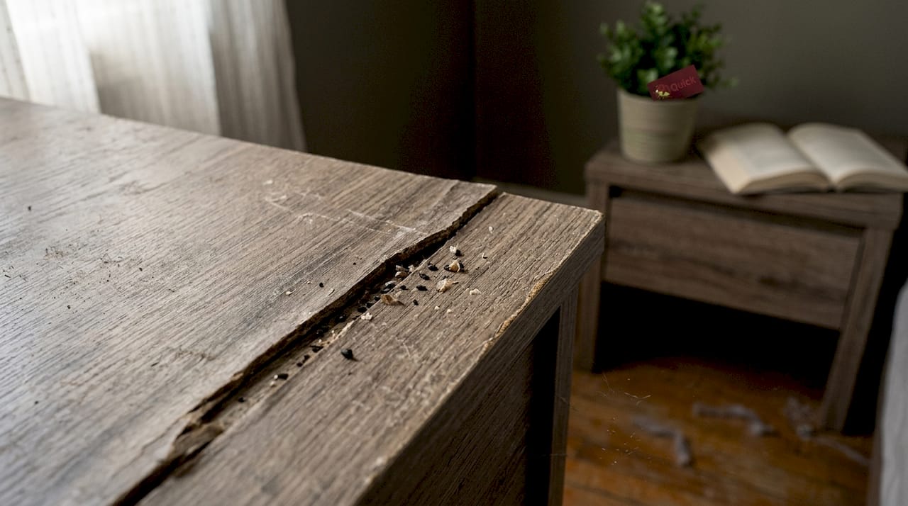Close-up of bedbug hiding spot in furniture crack
