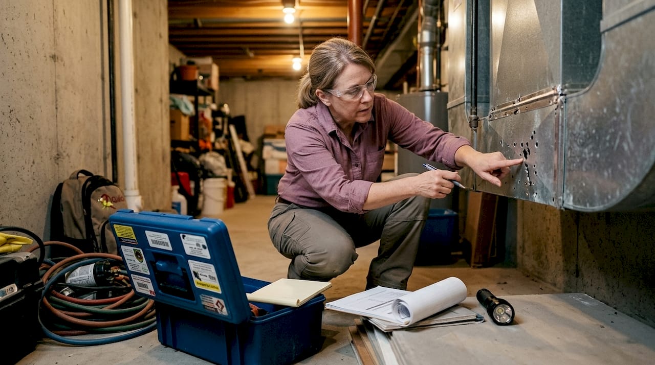 Inspector examining wood beam in utility room