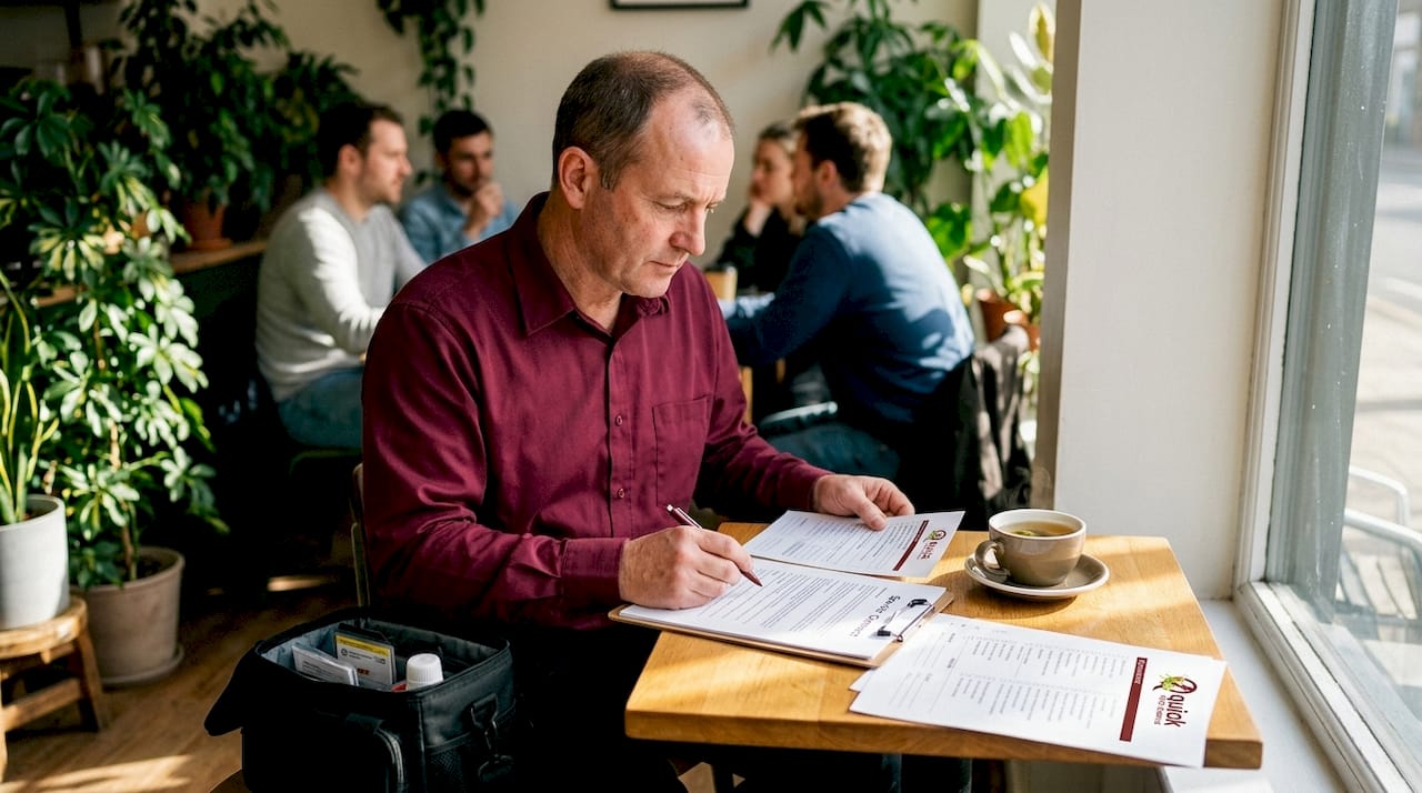 Technician reviewing pest control contract checklist