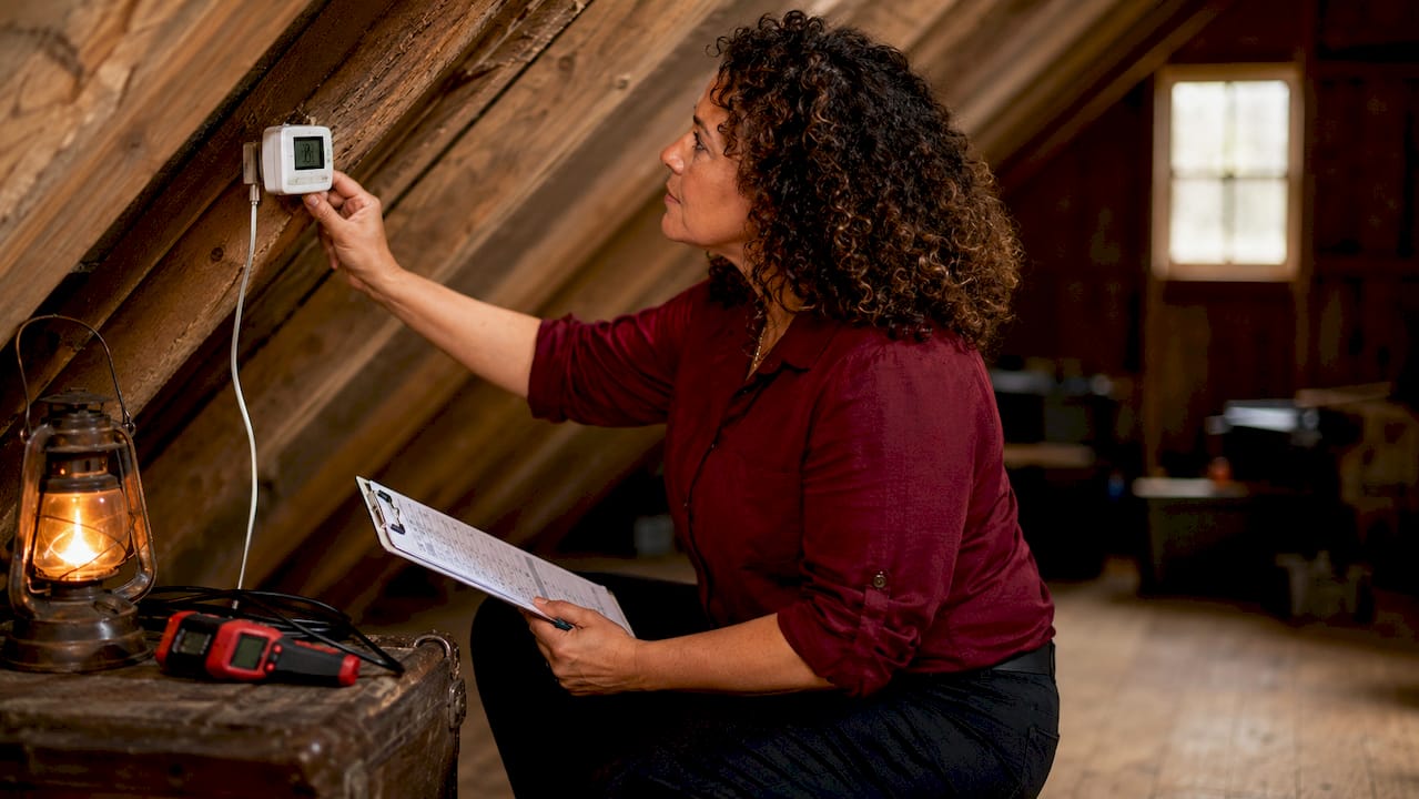 Technician checking temperature sensor during bedbug heat treatment