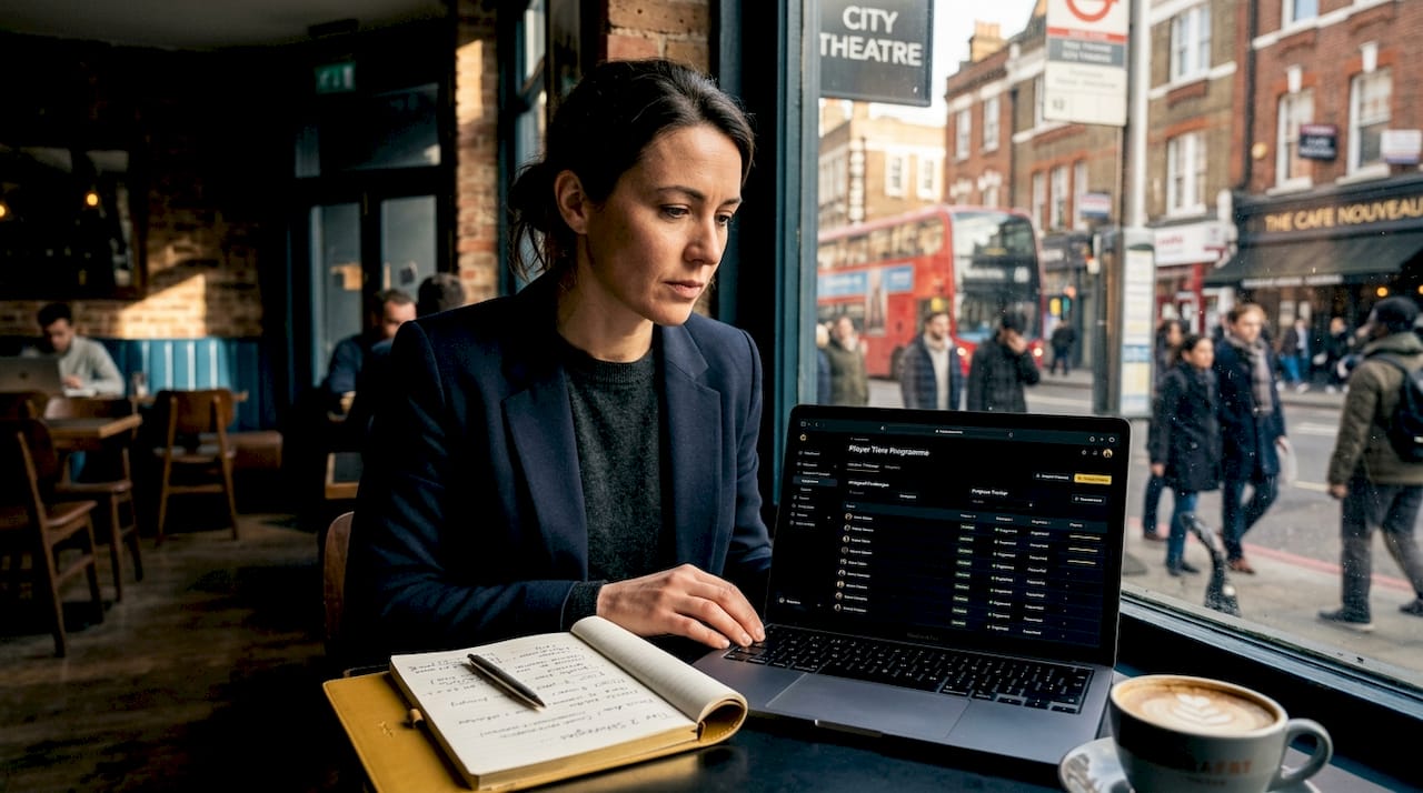 Coach managing player challenges on laptop