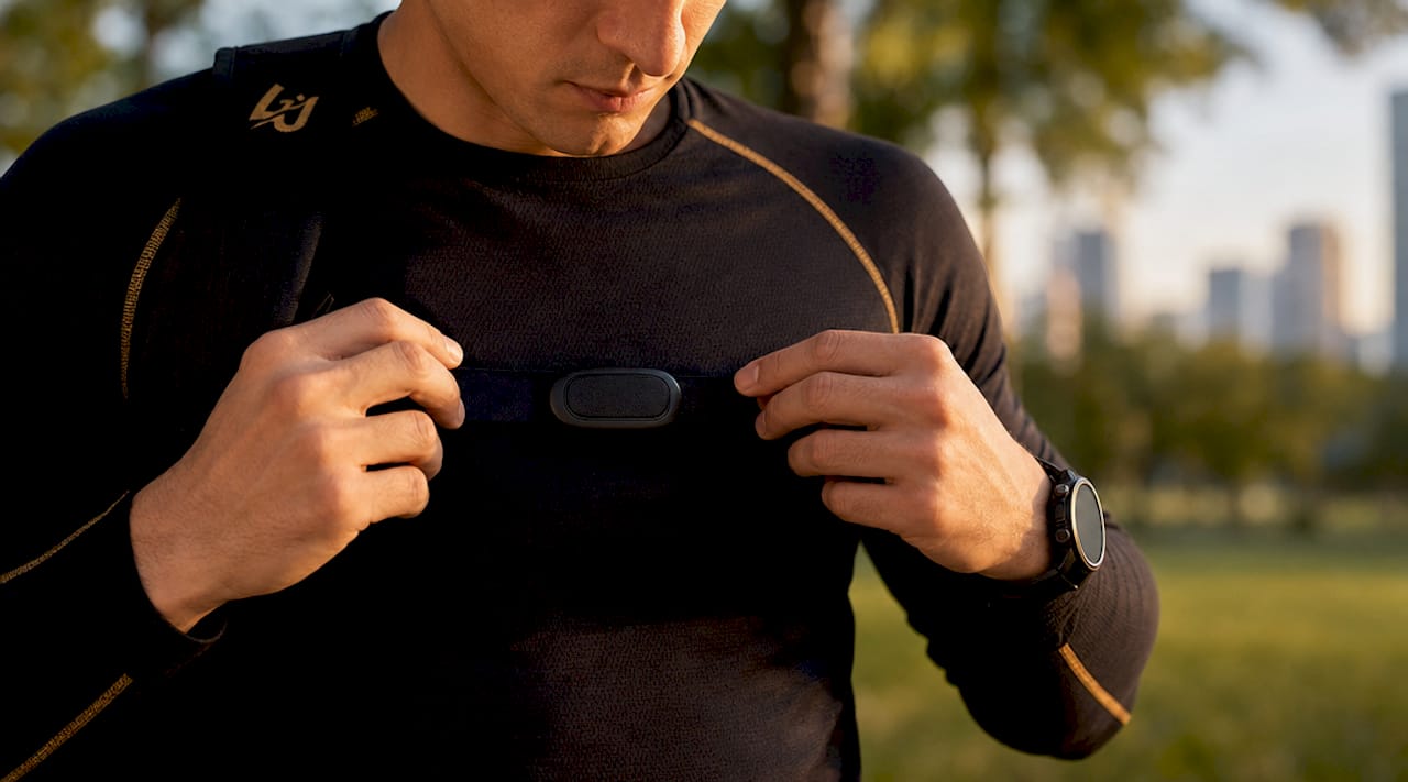 Close-up of athlete adjusting chest strap HRV monitor