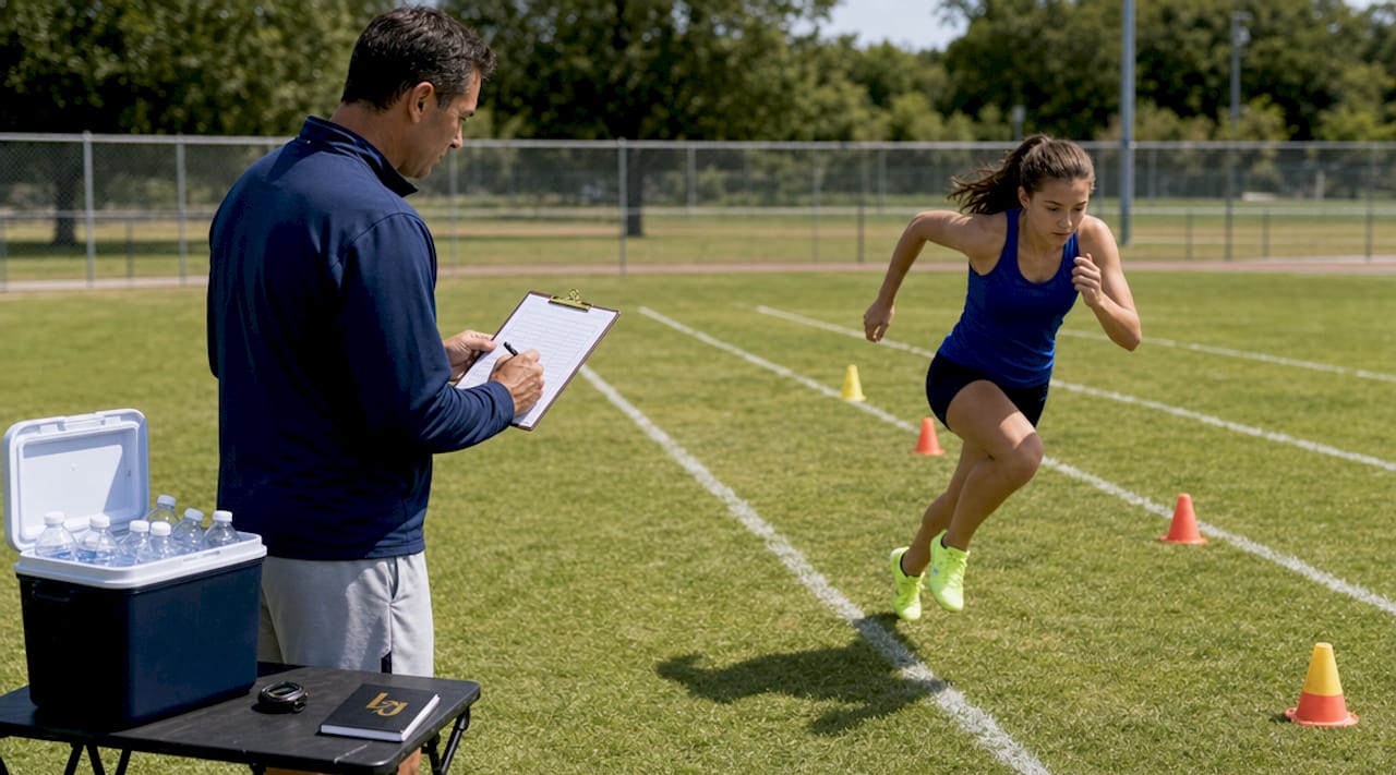 Coach timing sprint test in indoor gym