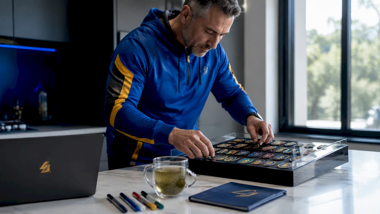 Hands organizing embroidered badges in display case
