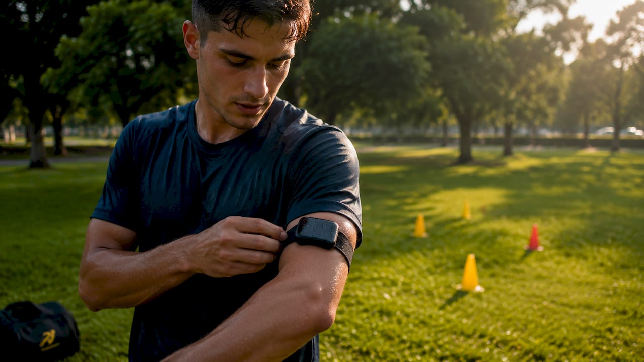 Hands fitting wearable GPS tracker on athlete's arm outdoors