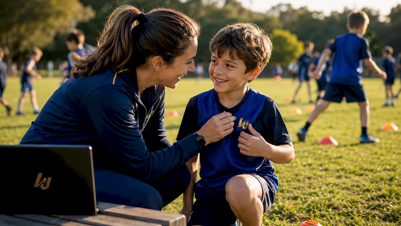 Coach encouraging youth athlete with badge
