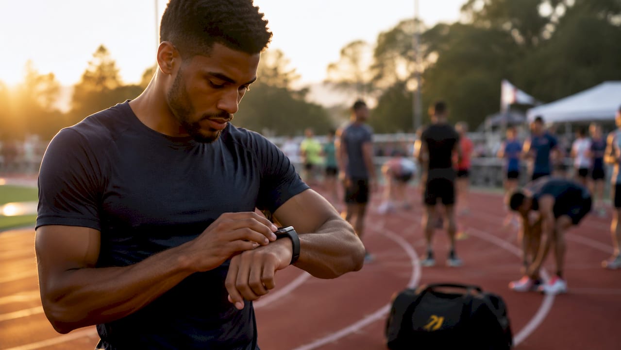 Hands adjusting athlete wearable tracker indoors