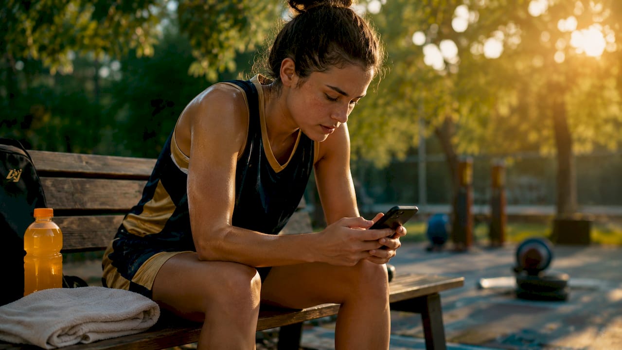Athlete reviewing feedback on phone in locker room