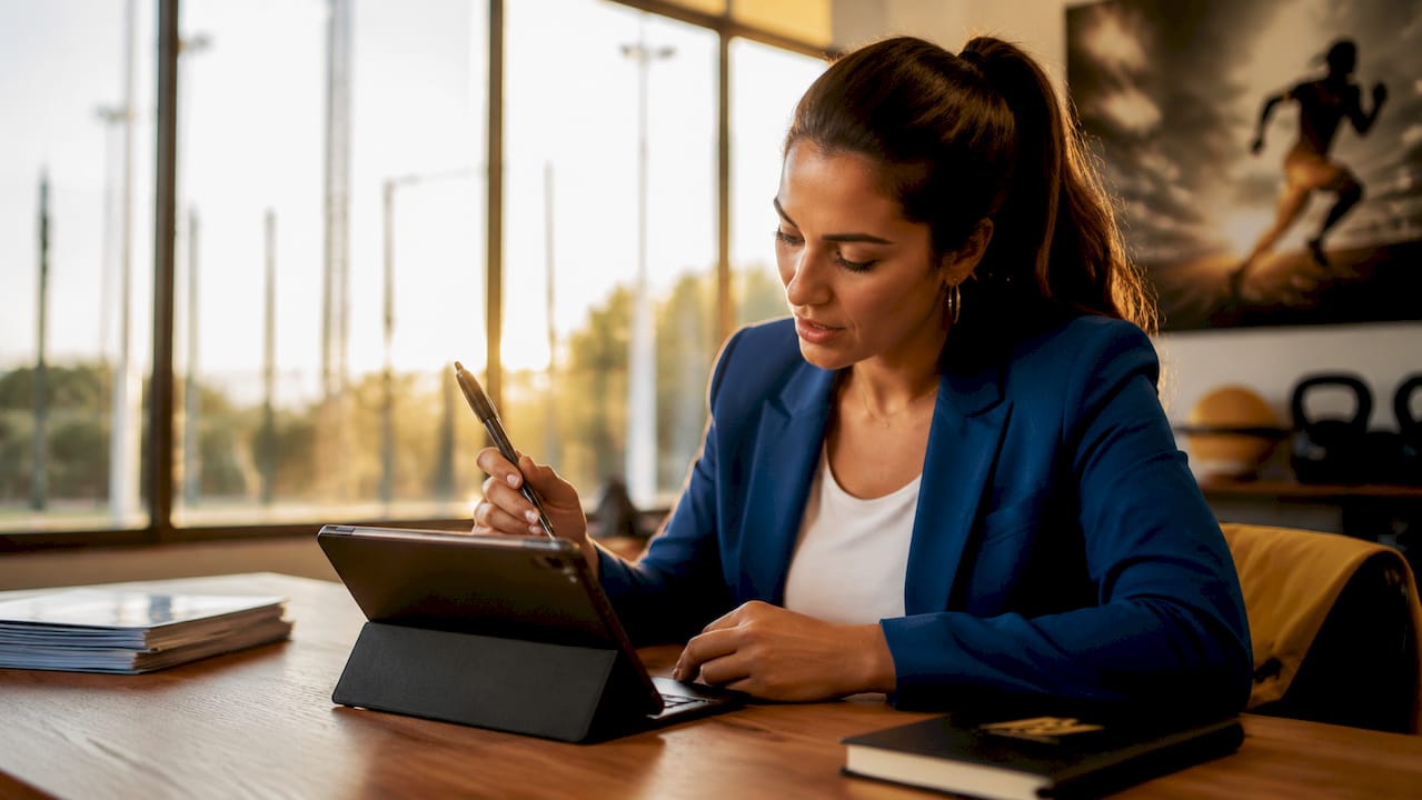 Hands scrolling performance metrics on tablet