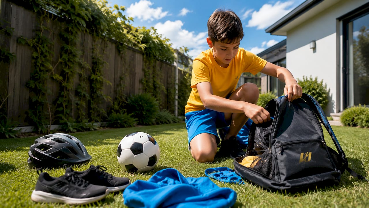 Boy packing sports equipment in garage doorway
