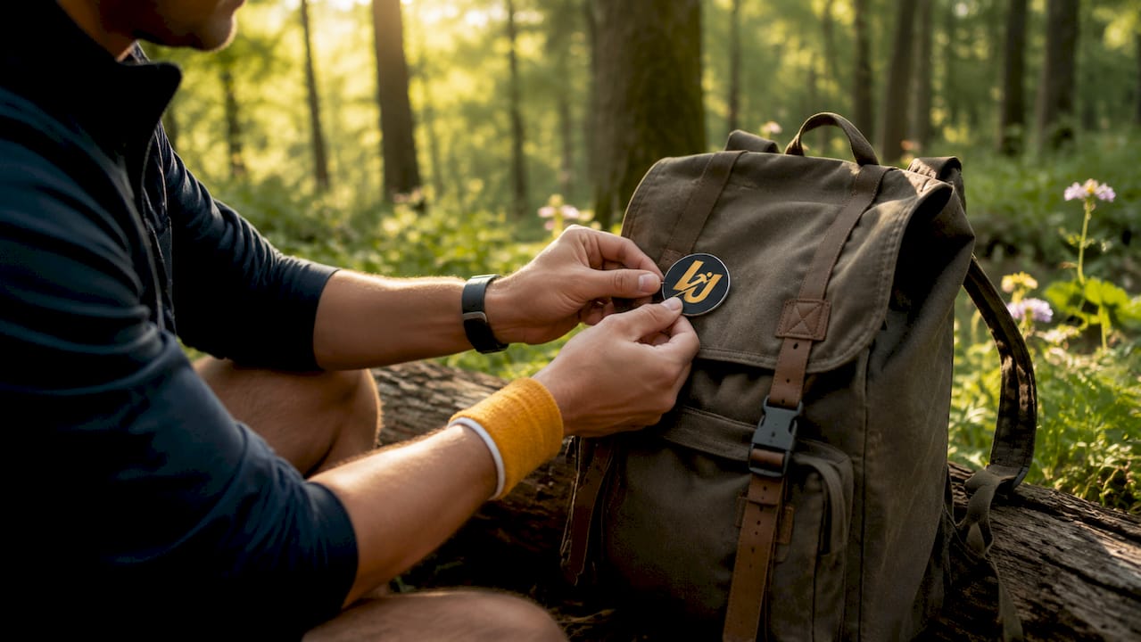 Hands attaching fitness participation badge outdoors