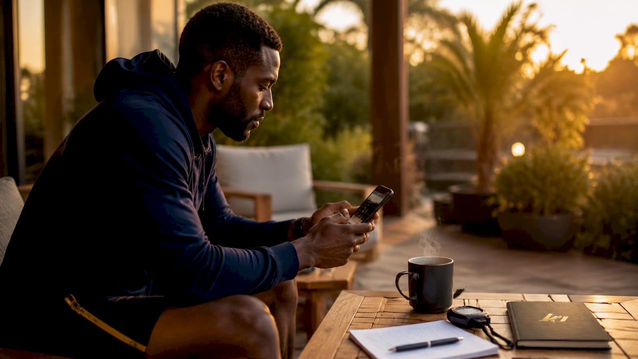 Close-up of coach using mobile app for motivation tracking