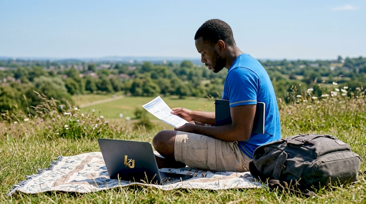 Volunteer reviewing club communication tools outdoors