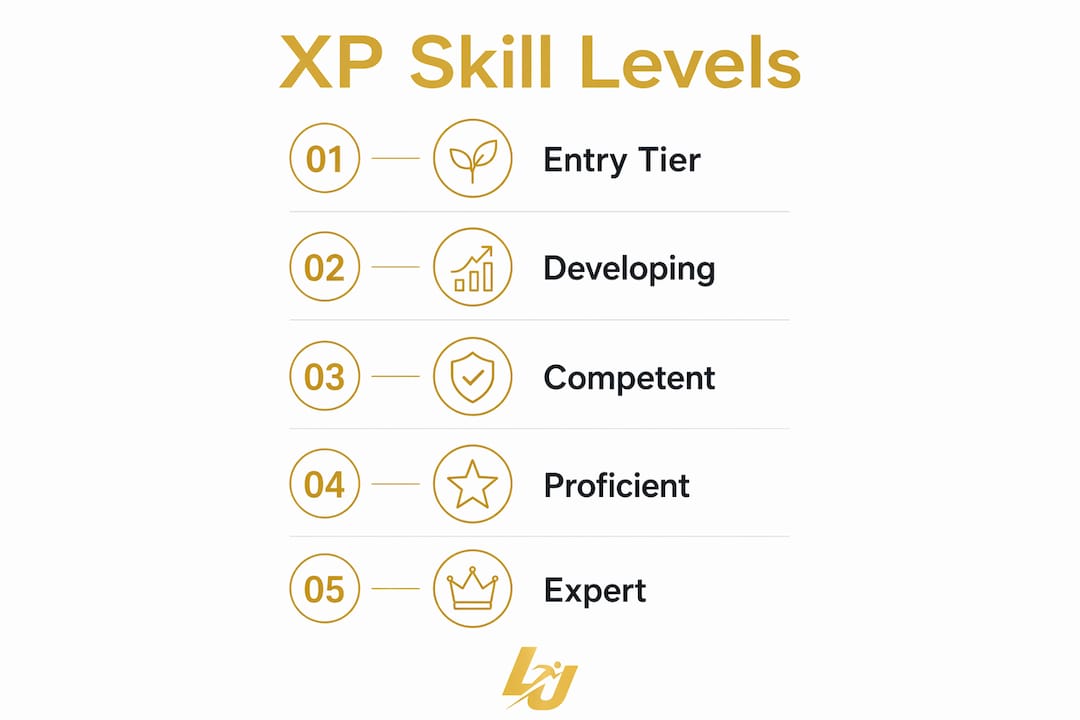 Infographic illustrating XP skill levels progression