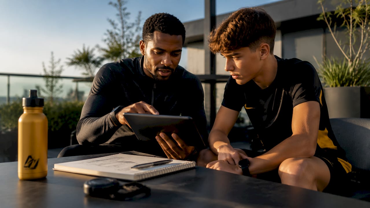 Coach reviewing training data with athlete outdoors