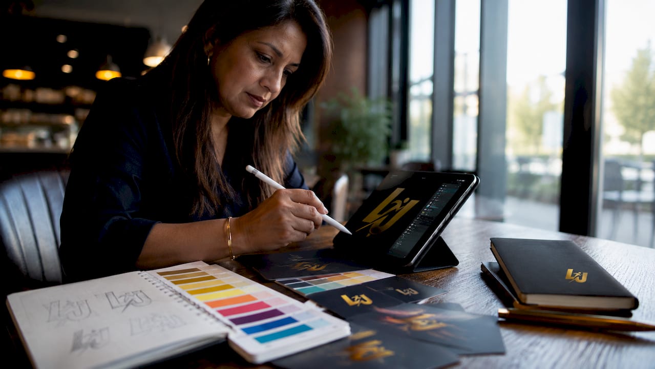 Woman creating sports branding graphics with tablet