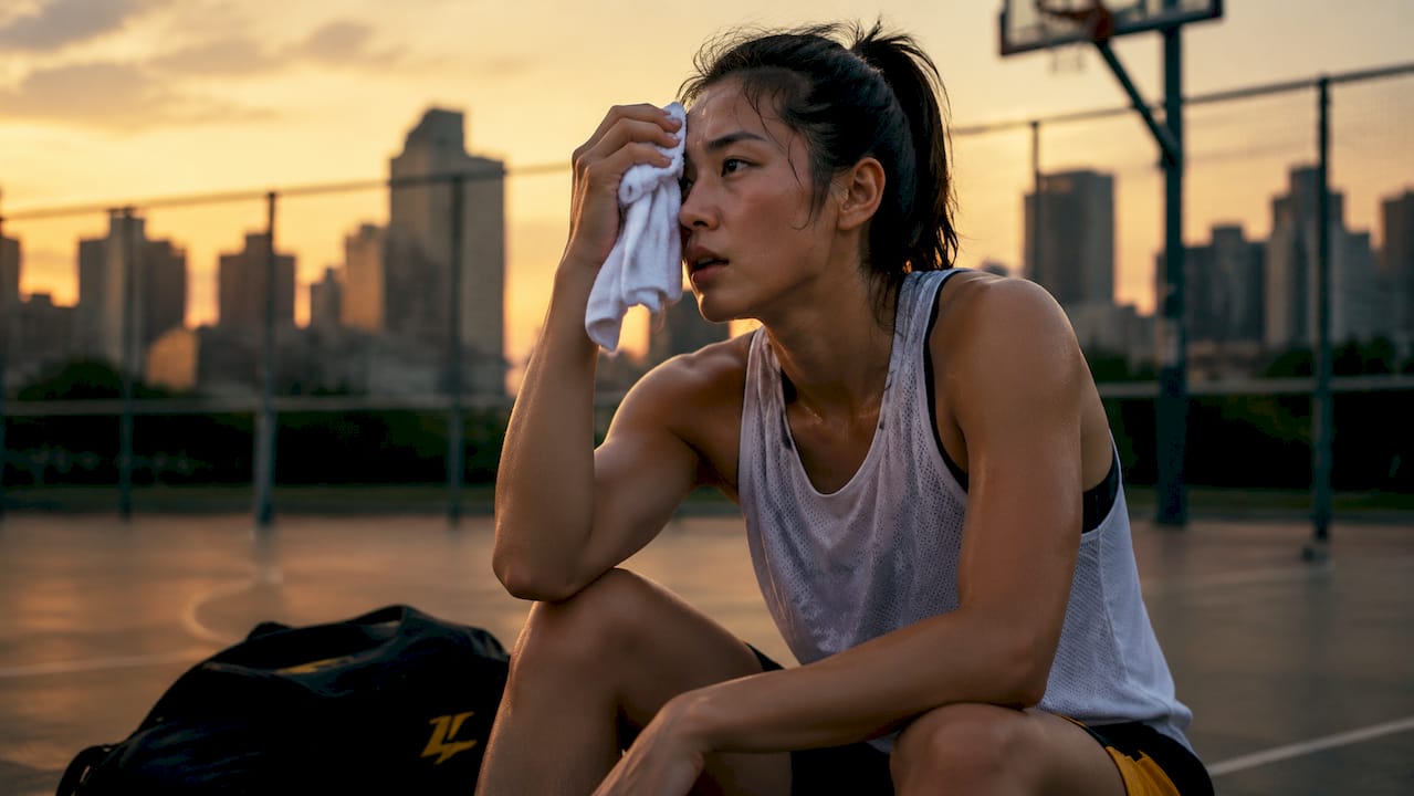 Female athlete resting in challenge state on court