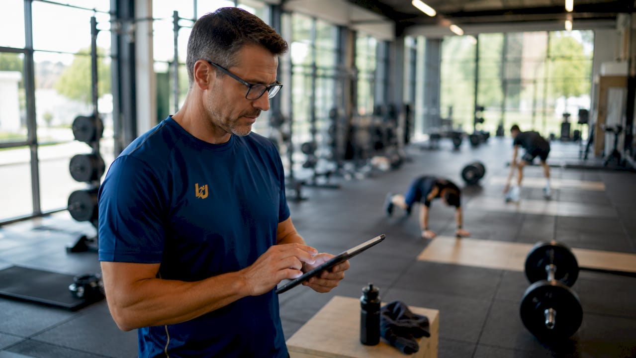 Coach recording athlete performance data at desk