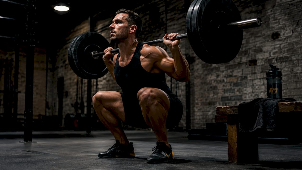 Male athlete doing barbell squats in gym