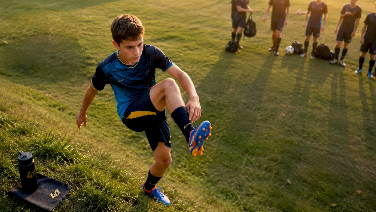 Teen boy stretching on outdoor running track