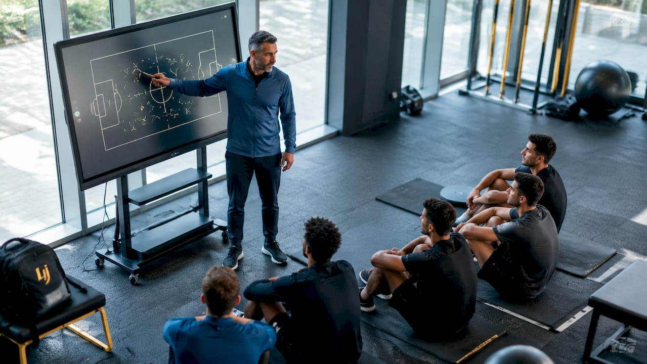 Coach pointing at tactical board in meeting room