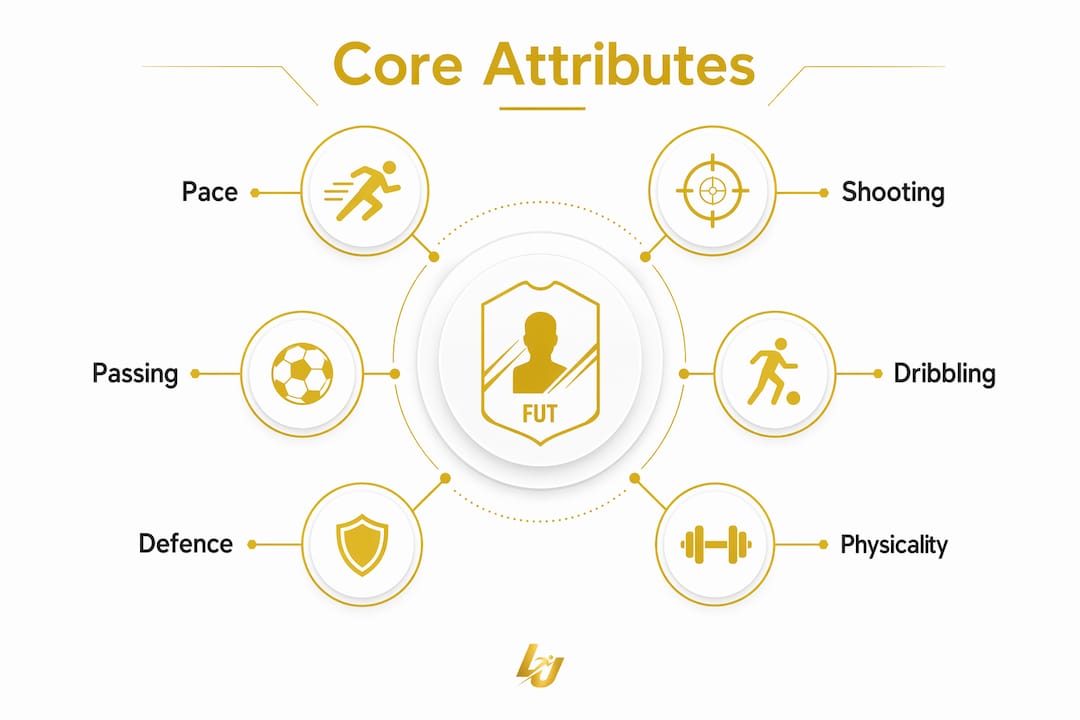 Infographic displaying FIFA player card core attributes