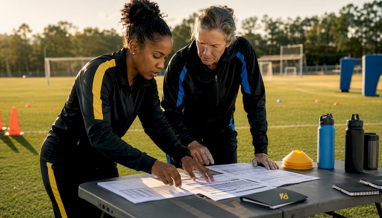 Coaches analyzing athlete scouting data in gym