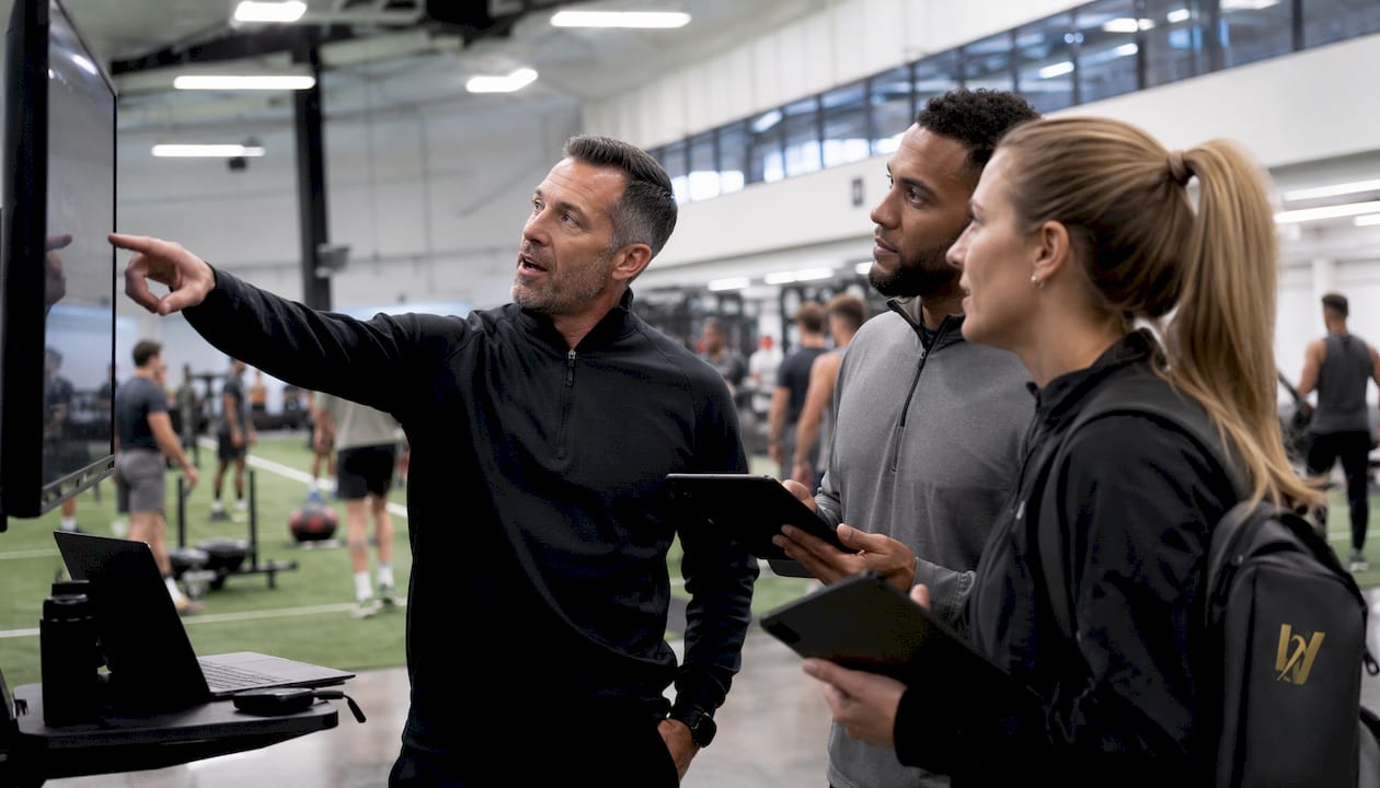 Coaches using digital tools on football pitch