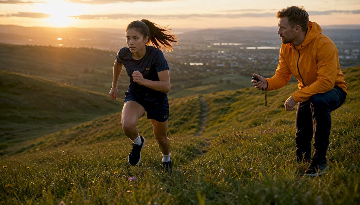 Teen athlete sprinting on track with trainer timing