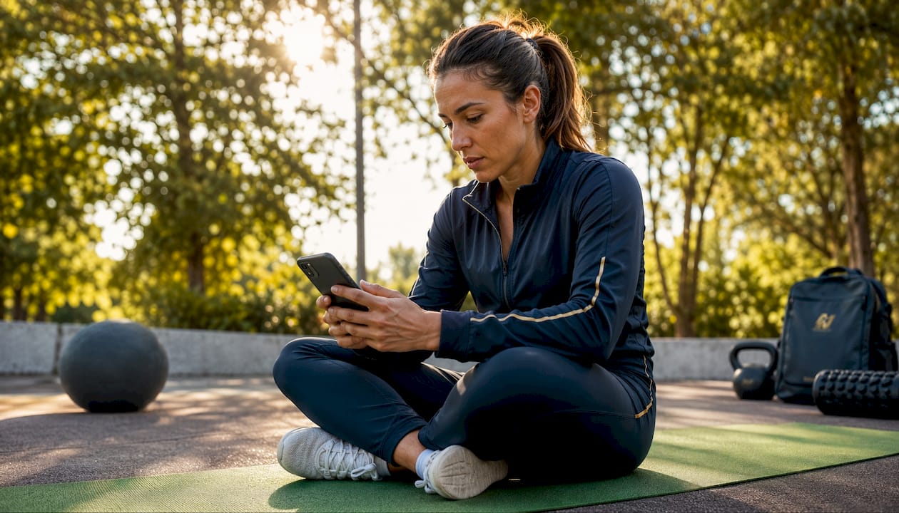 Athlete analyzing performance stats on smartphone