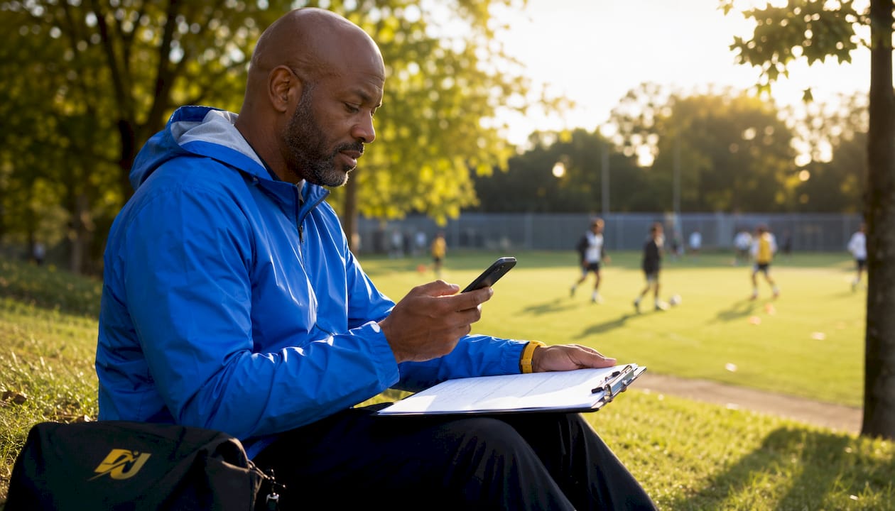 Coach using smartphone to issue badge outdoors