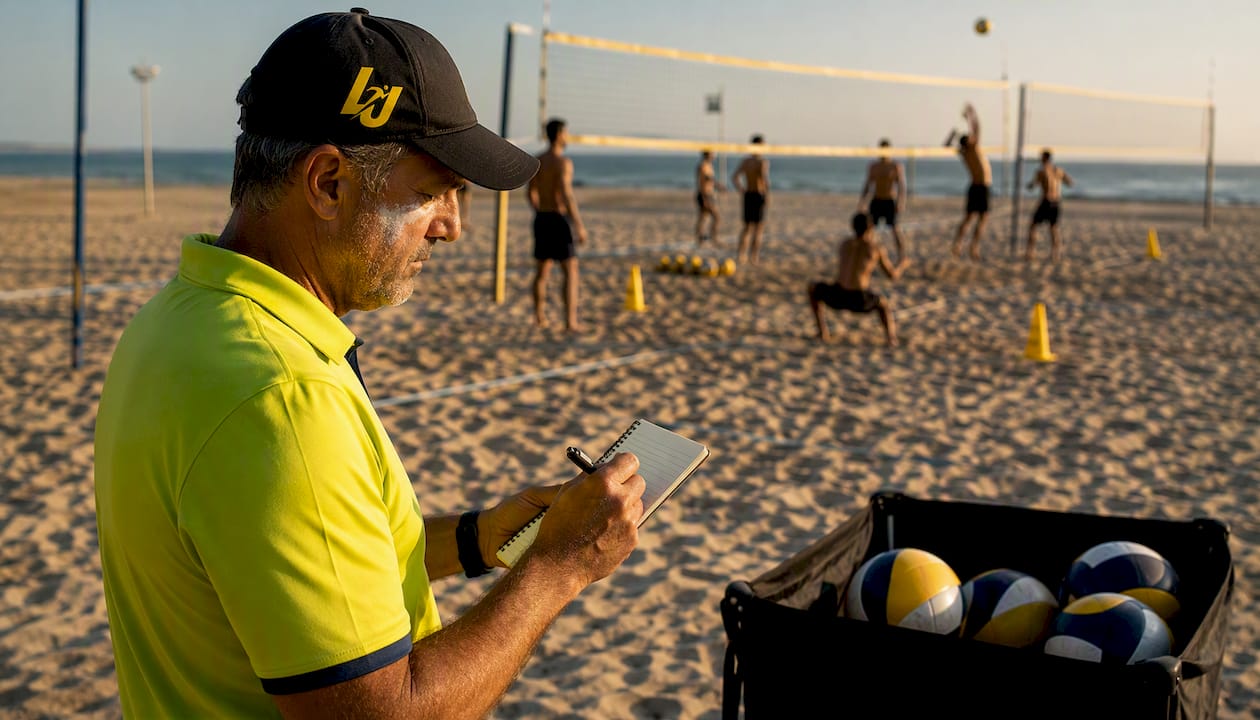 Coach recording volleyball drill metrics outdoors